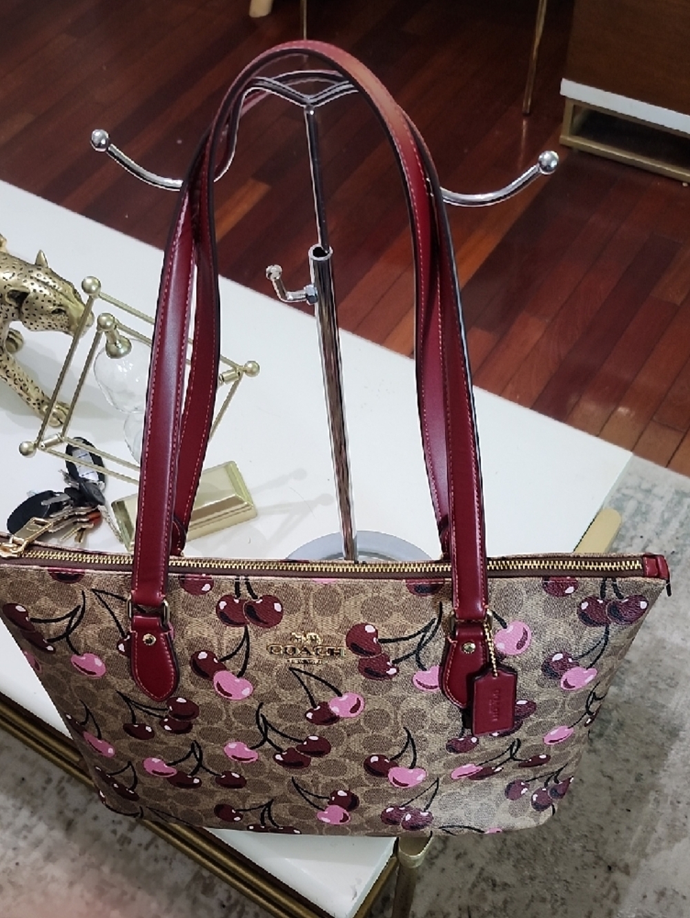 Coach Cherry-Print Signature Tote — Brown with Pink Accents NWOT - Picture 8 of 13